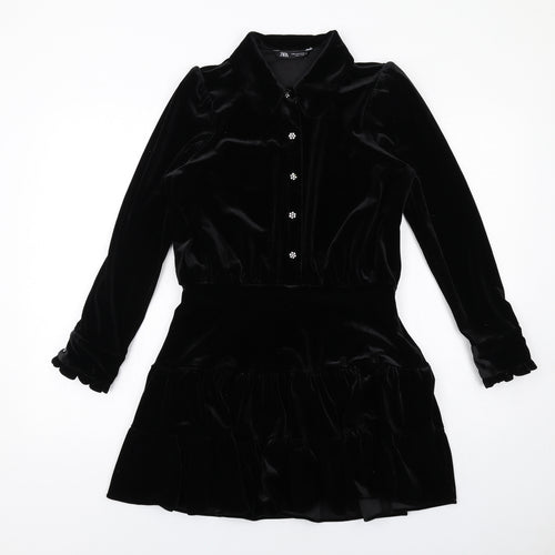 Zara Womens Black Polyester Shirt Dress Size M Collared Zip