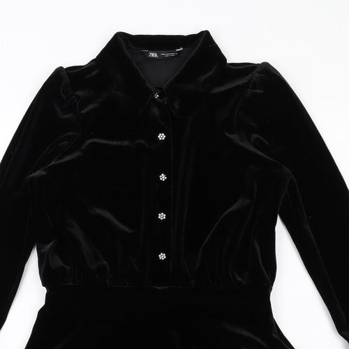 Zara Womens Black Polyester Shirt Dress Size M Collared Zip