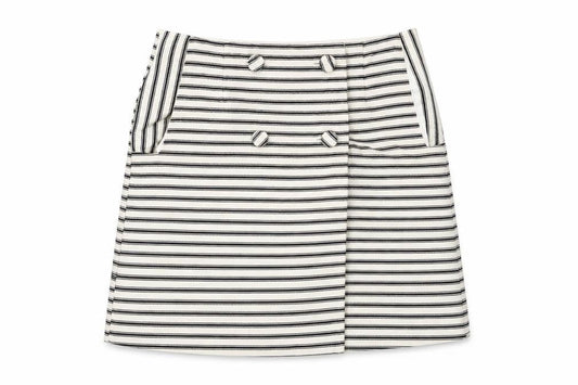 Front view of Topshop women’s ivory striped cotton a-line skirt, size UK 10, button