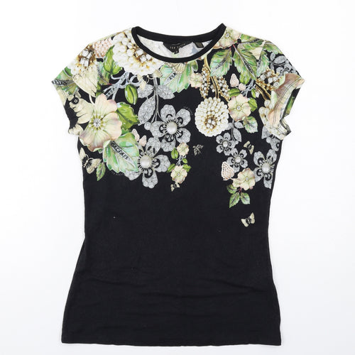 Ted Baker Womens Black Floral Viscose Basic T-Shirt Size M Round Neck