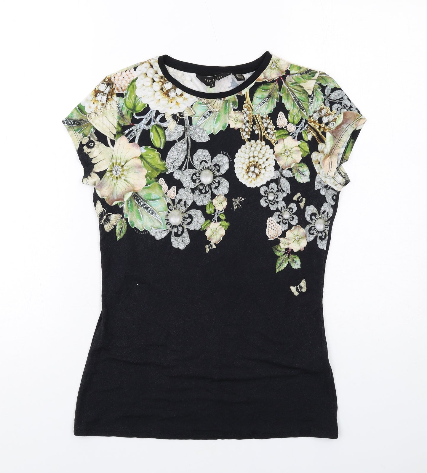 Ted Baker Womens Black Floral Viscose Basic T-Shirt Size M Round Neck