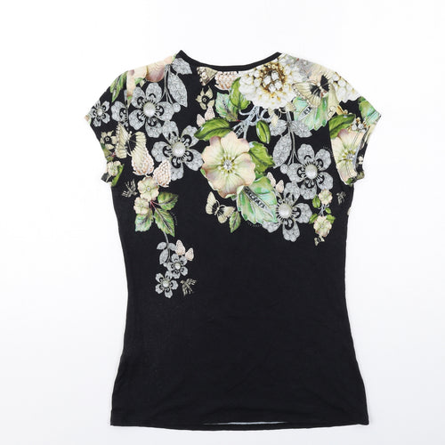 Ted Baker Womens Black Floral Viscose Basic T-Shirt Size M Round Neck