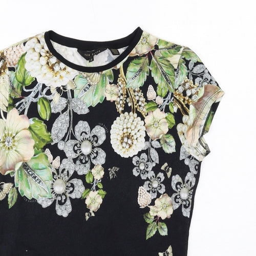 Ted Baker Womens Black Floral Viscose Basic T-Shirt Size M Round Neck