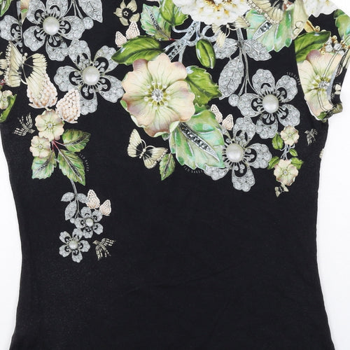 Ted Baker Womens Black Floral Viscose Basic T-Shirt Size M Round Neck