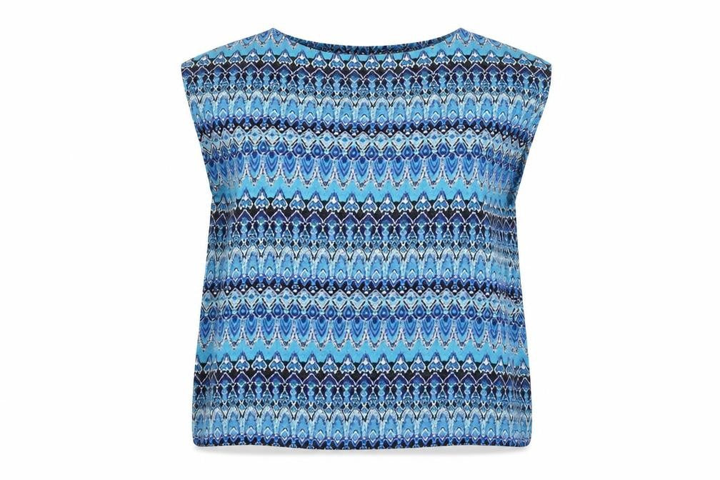 Front view of Annie Greenabelle women’s blue geometric polyester basic blouse, size UK 10, round neck
