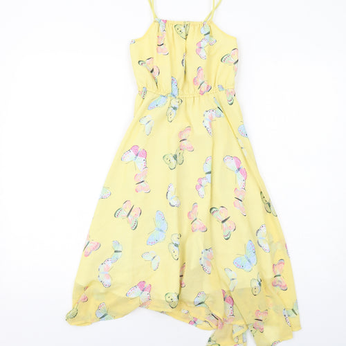 H&M Girls Yellow Geometric Polyester A-Line Size 6-7 Years Square Neck Pullover - Butterfly Print