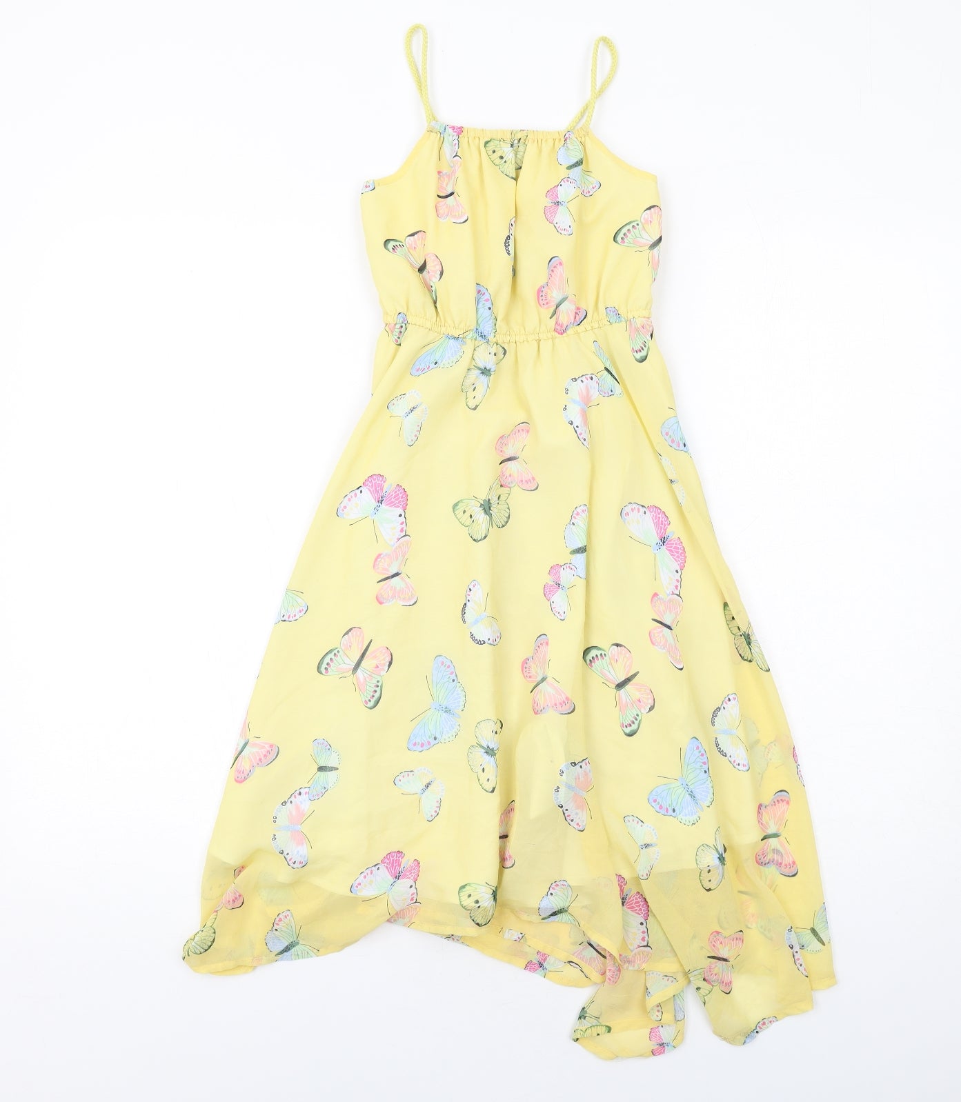 H&M Girls Yellow Geometric Polyester A-Line Size 6-7 Years Square Neck Pullover - Butterfly Print