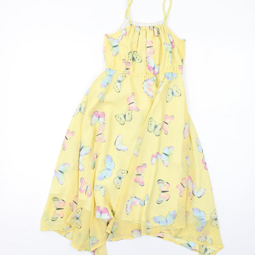 H&M Girls Yellow Geometric Polyester A-Line Size 6-7 Years Square Neck Pullover - Butterfly Print