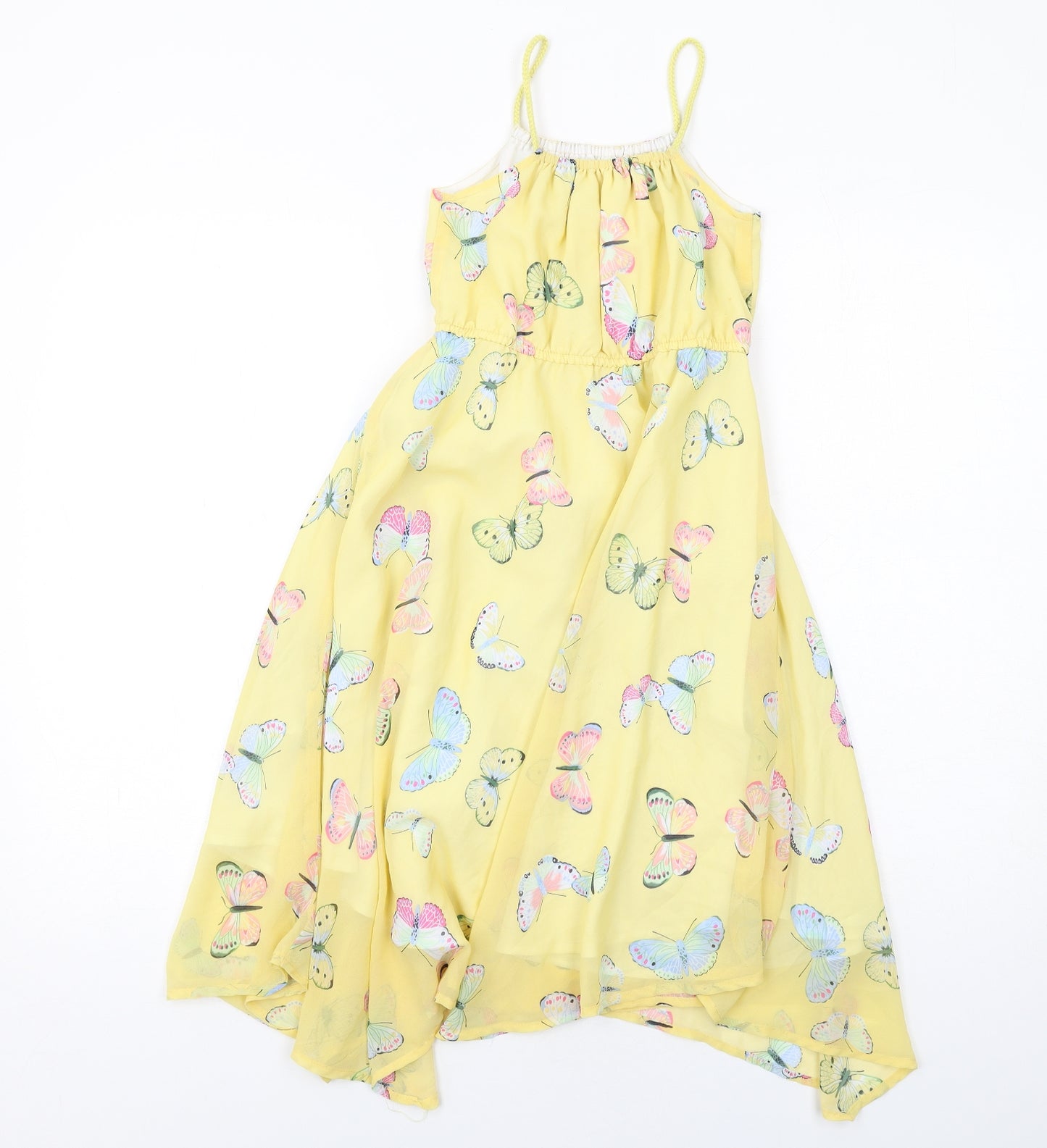 H&M Girls Yellow Geometric Polyester A-Line Size 6-7 Years Square Neck Pullover - Butterfly Print