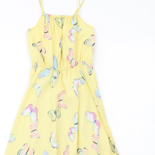 H&M Girls Yellow Geometric Polyester A-Line Size 6-7 Years Square Neck Pullover - Butterfly Print