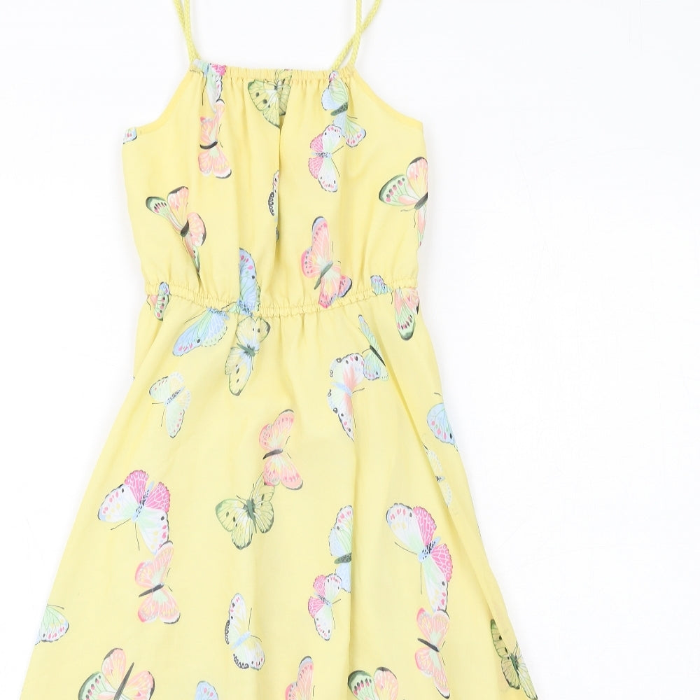 H&M Girls Yellow Geometric Polyester A-Line Size 6-7 Years Square Neck Pullover - Butterfly Print