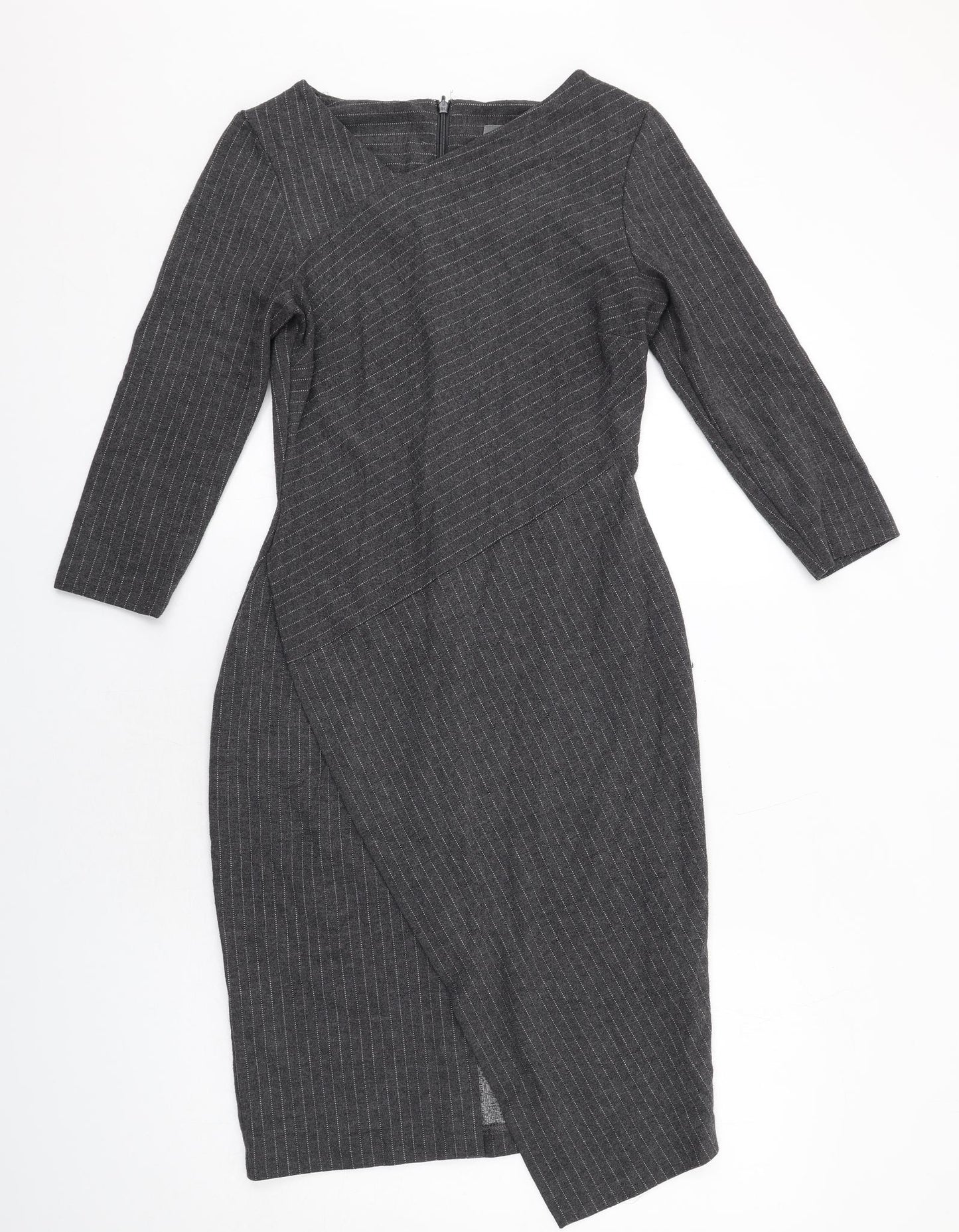 Phase Eight Womens Grey Striped Viscose Shift Size 10 V-Neck Zip