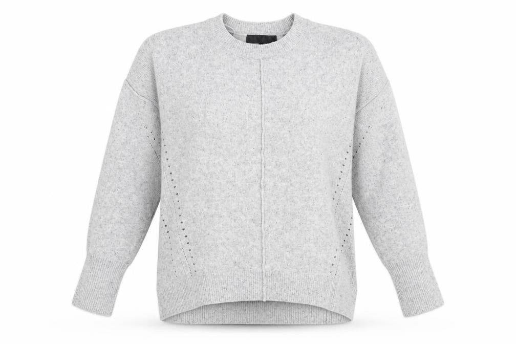 Front view of Topshop women’s grey round neck acrylic jumper, size UK 10