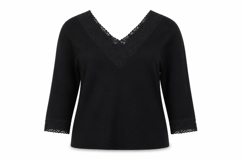 Front view of Alex & Co. women’s black v-neck viscose jumper, size UK 16, - lace trim