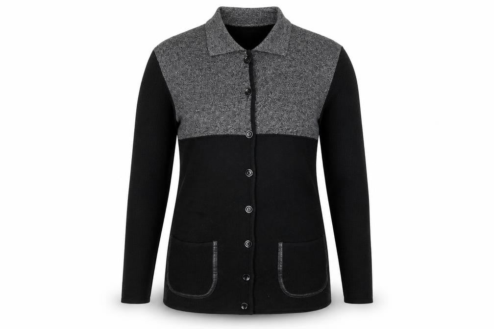 Front view of Gerry Weber women’s black collared wool cardigan jumper, size UK 8
