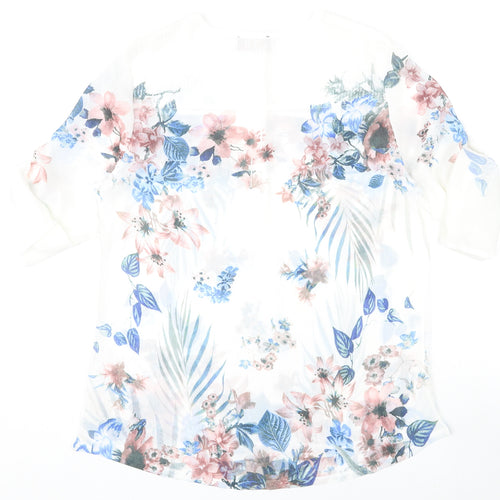 Anna Rose Womens White Floral Polyester Basic Blouse Size 10 Round Neck