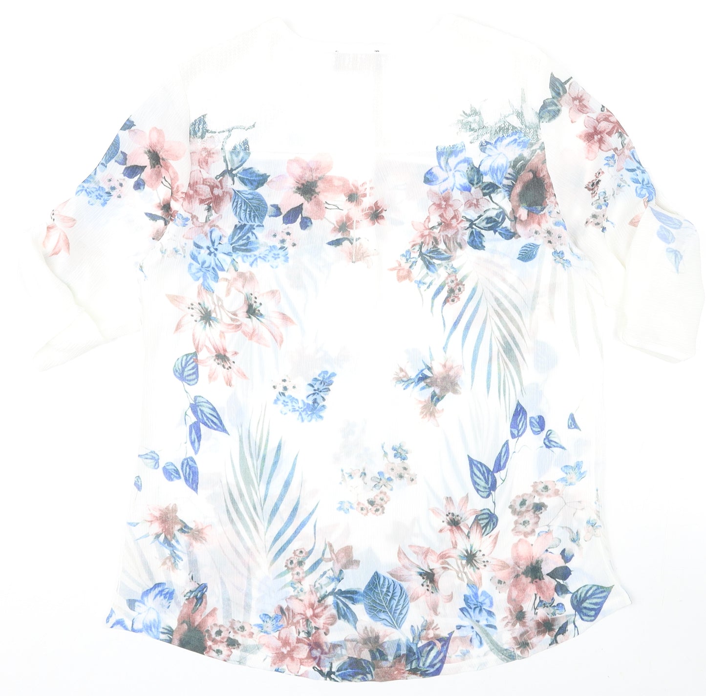 Anna Rose Womens White Floral Polyester Basic Blouse Size 10 Round Neck