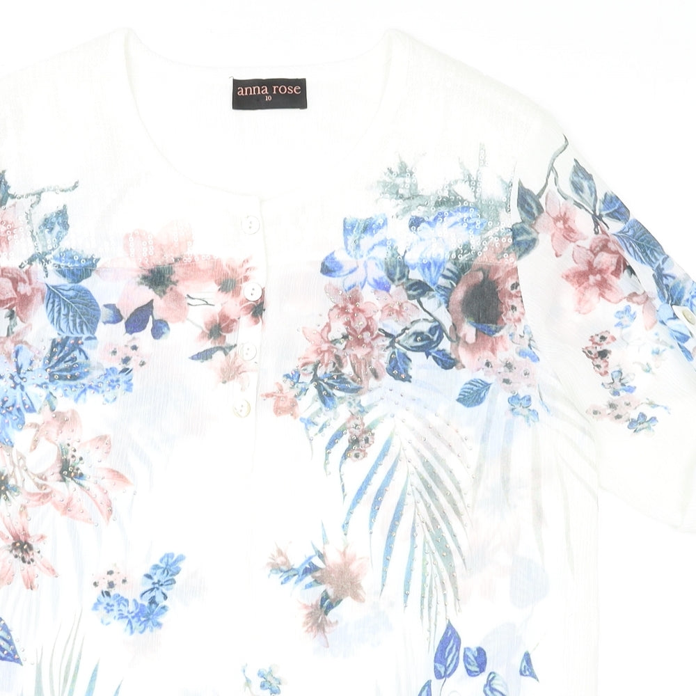 Anna Rose Womens White Floral Polyester Basic Blouse Size 10 Round Neck