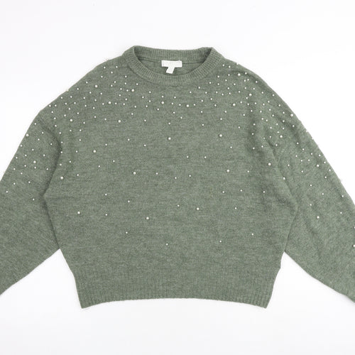H&M Womens Green Round Neck Acrylic Pullover Jumper Size M