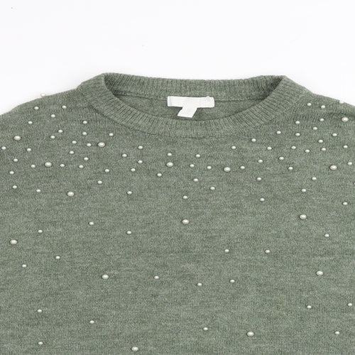H&M Womens Green Round Neck Acrylic Pullover Jumper Size M