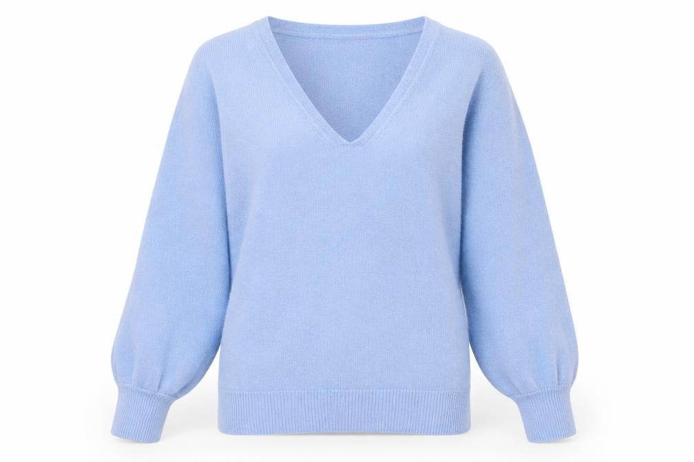 Front view of ICHI women’s blue v-neck polyester jumper, size M