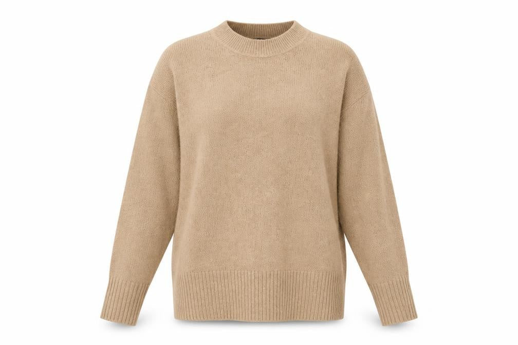 Front view of Dorothy Perkins women’s brown round neck acrylic jumper, size UK 10