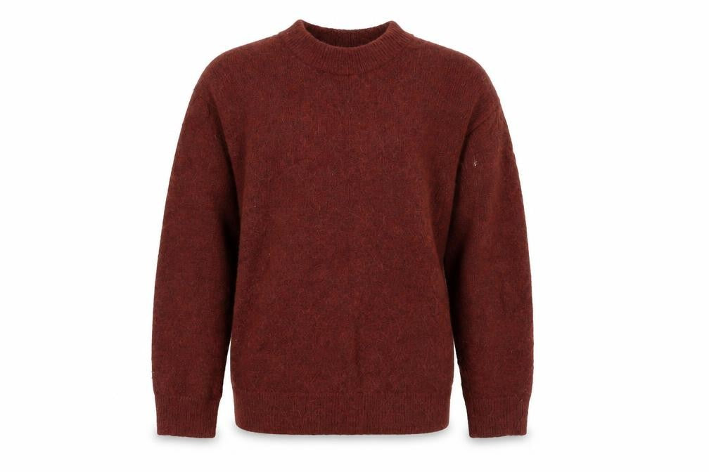 Front view of H&M men’s brown round neck acrylic jumper, size S, long sleeve