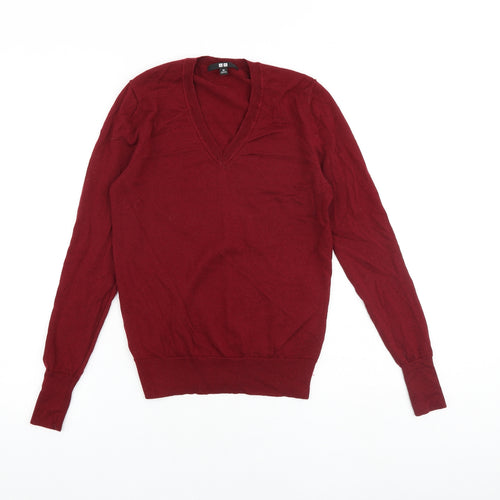 Uniqlo Womens Red V-Neck Wool Pullover Jumper Size XS