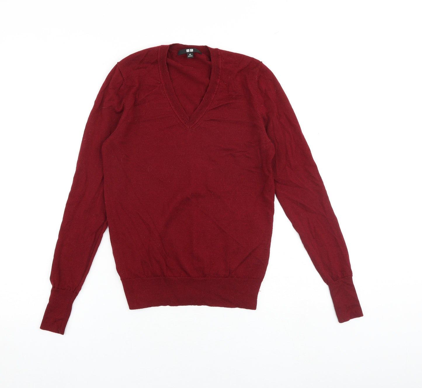 Uniqlo Womens Red V-Neck Wool Pullover Jumper Size XS
