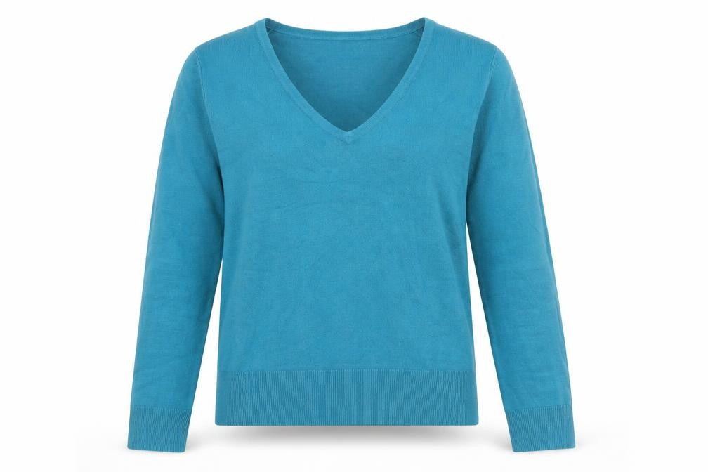 Front view of Marks & Spencer women’s blue v-neck acrylic jumper, size UK 10