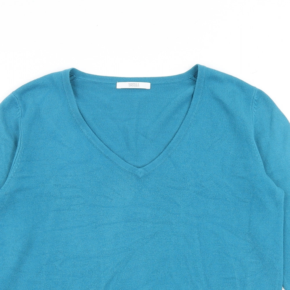 Marks and Spencer Womens Blue V-Neck Acrylic Pullover Jumper Size 10