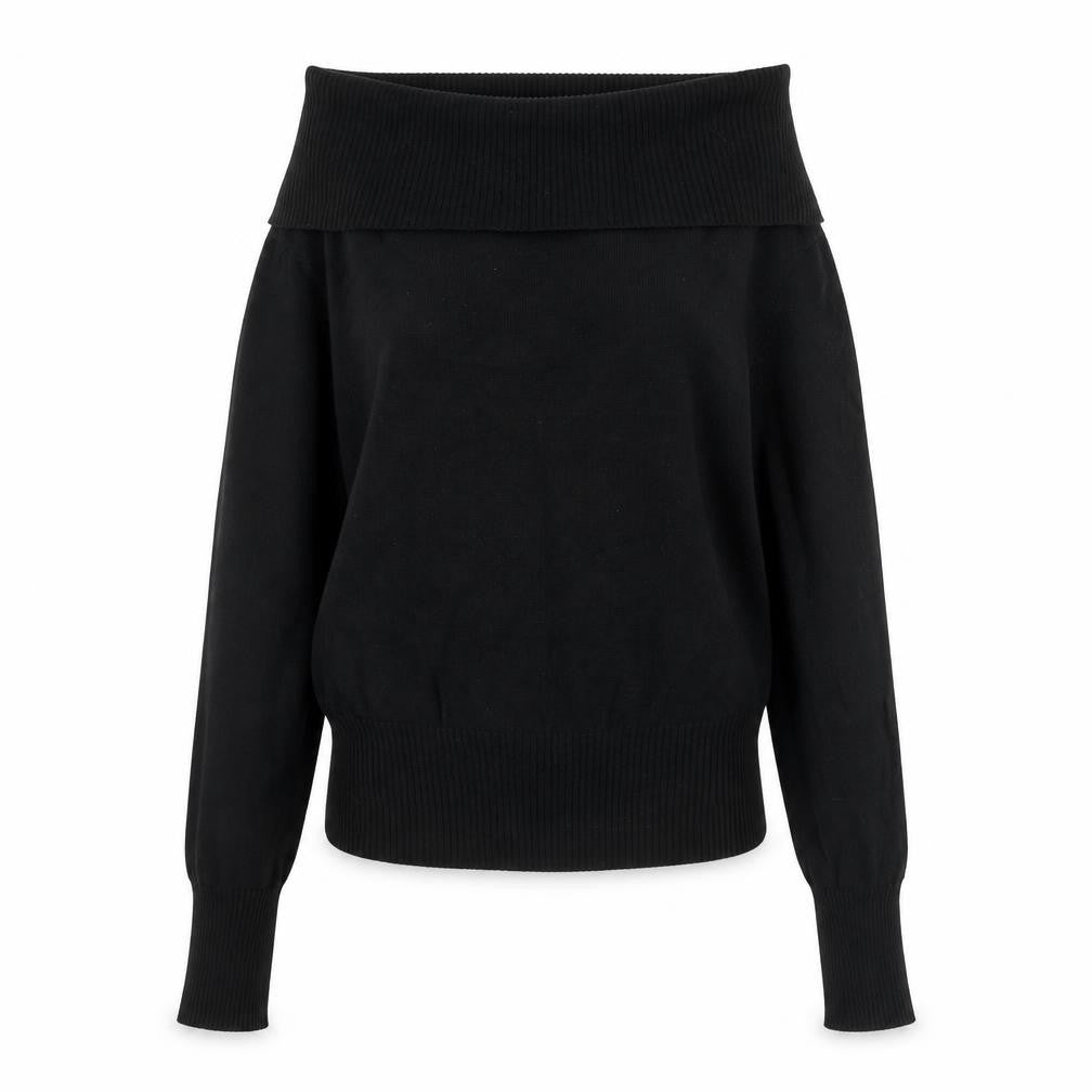 Front view of Oasis women’s black boat neck acrylic jumper, size UK 8