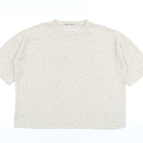 Zara Womens Beige Polyester Basic Blouse Size M Crew Neck - Pearl Detail