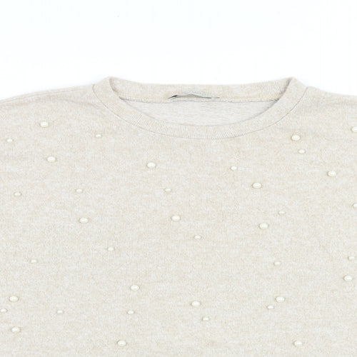 Zara Womens Beige Polyester Basic Blouse Size M Crew Neck - Pearl Detail
