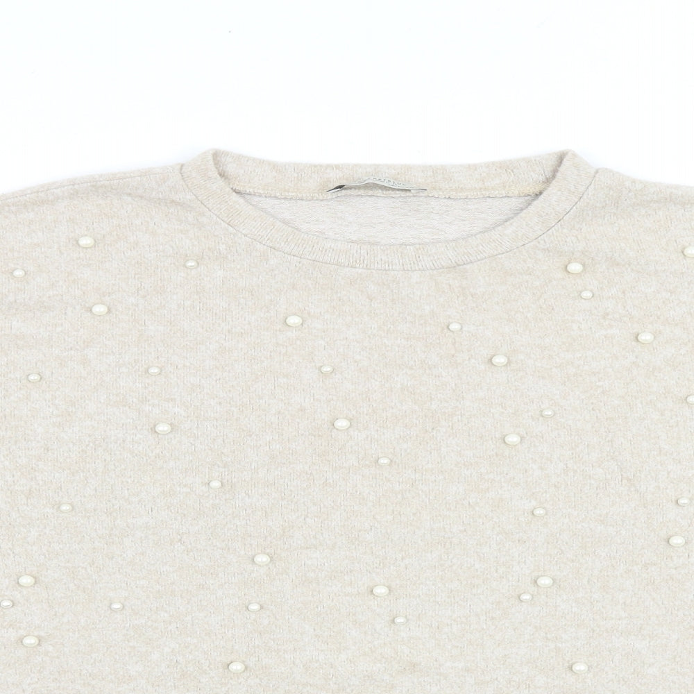Zara Womens Beige Polyester Basic Blouse Size M Crew Neck - Pearl Detail