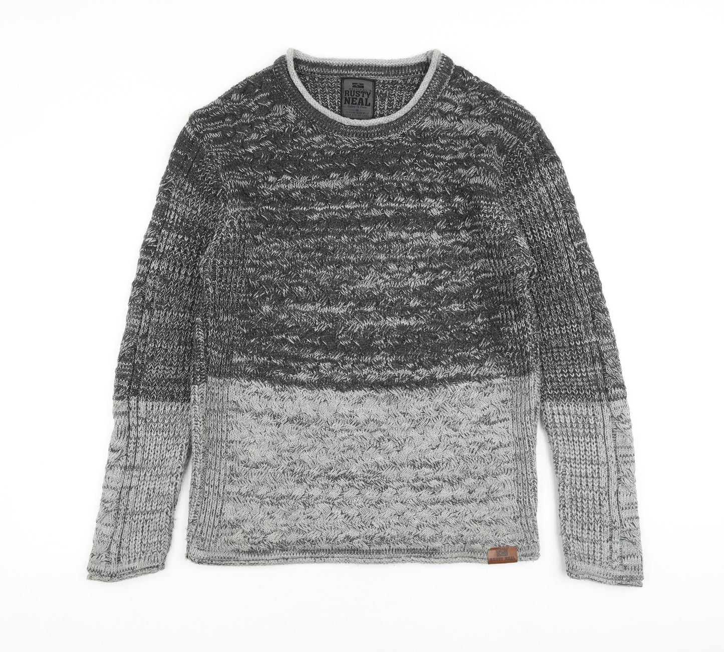 Rusty Neal Mens Grey Round Neck Cotton Pullover Jumper Size L Long Sleeve