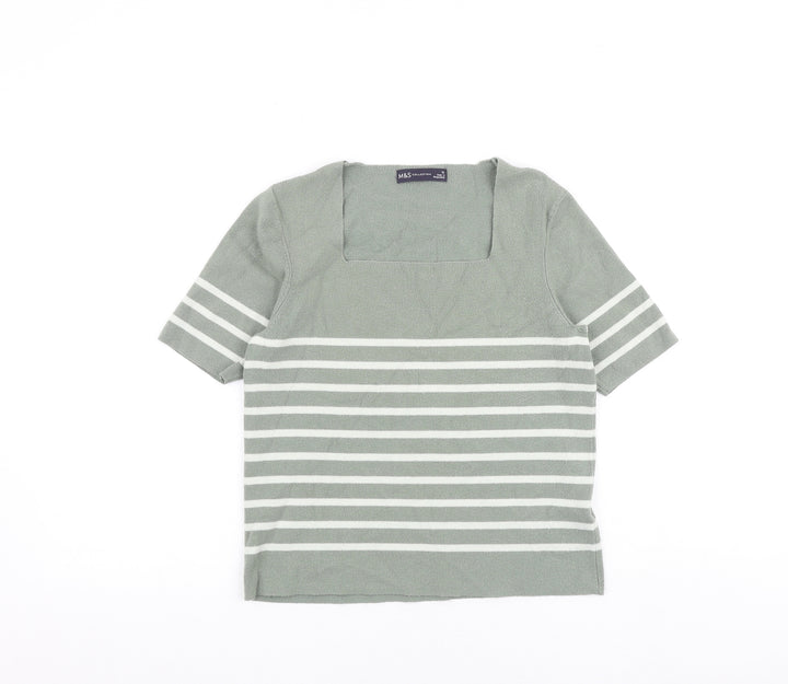 Marks and Spencer Womens Green Square Neck Striped Viscose Pullover Jumper Size 12 Pullover