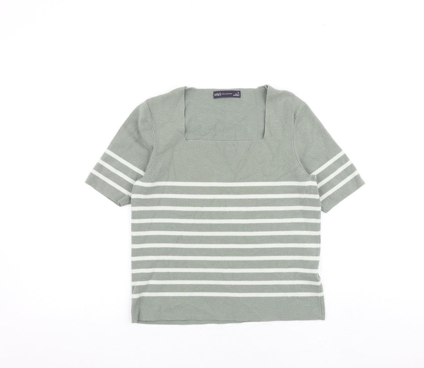 Marks and Spencer Womens Green Square Neck Striped Viscose Pullover Jumper Size 12 Pullover