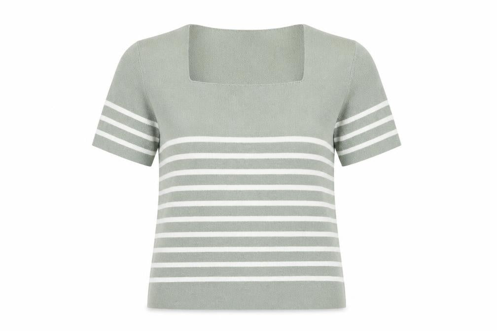 Front view of Marks & Spencer women’s green square neck striped viscose jumper, size UK 12, pullover