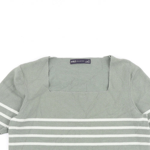 Marks and Spencer Womens Green Square Neck Striped Viscose Pullover Jumper Size 12 Pullover