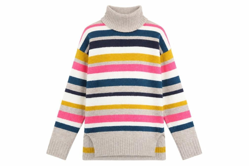 Front view of Marks & Spencer women’s multicoloured roll neck striped acrylic jumper, size S