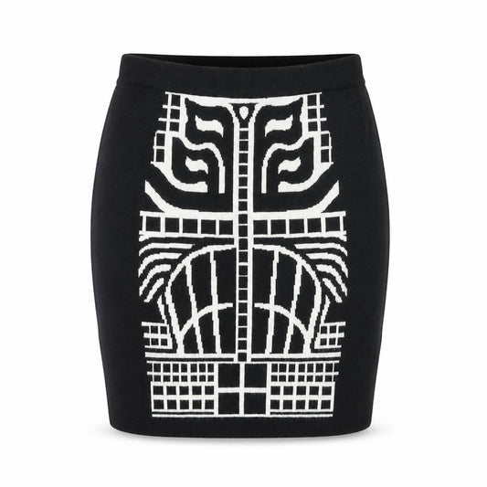 Front view of Apricot women’s black geometric viscose bandage skirt, size UK 10