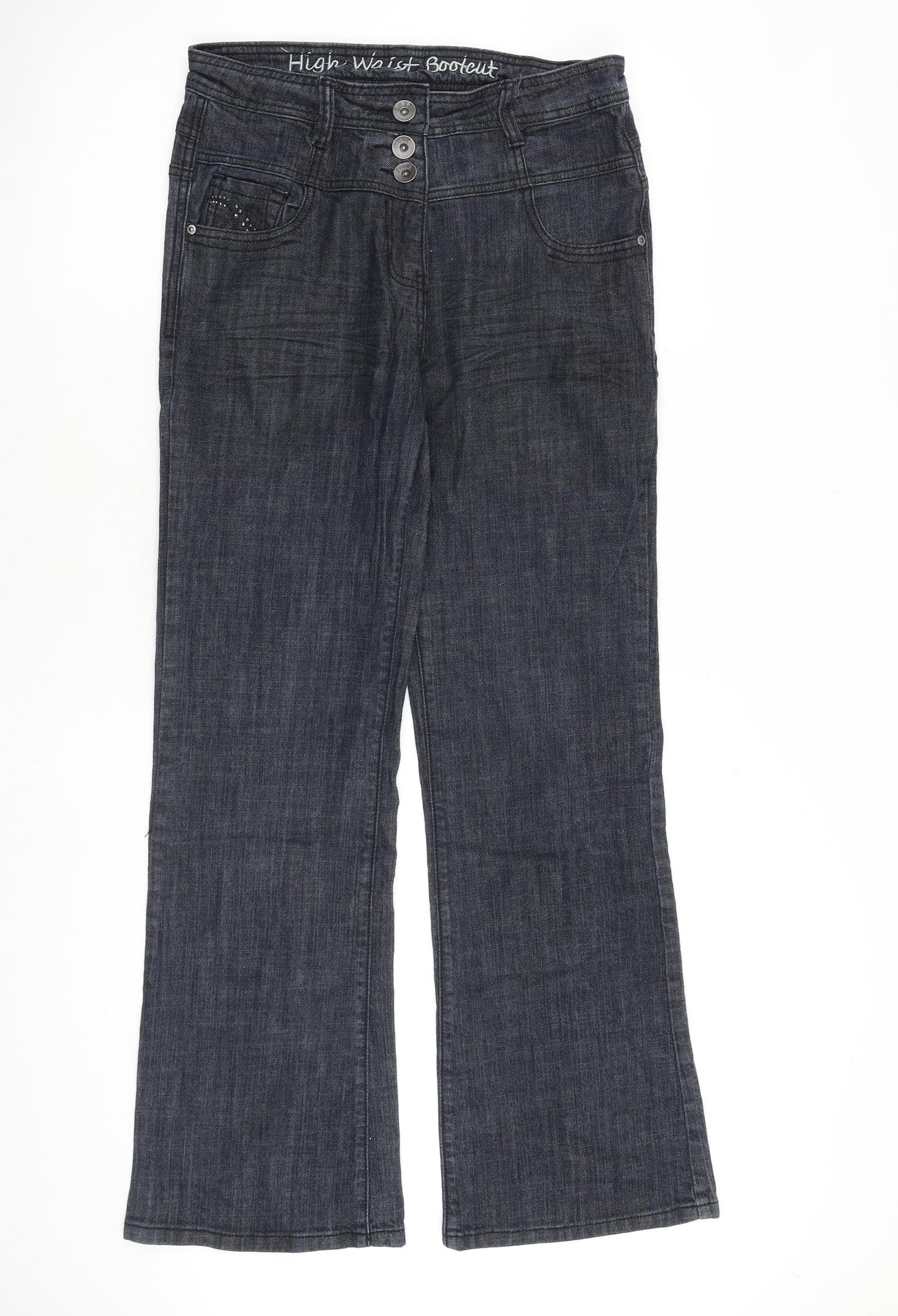 NEXT Womens Blue Cotton Bootcut Jeans Size 12 L30 in Regular Zip - Embellished Pockets