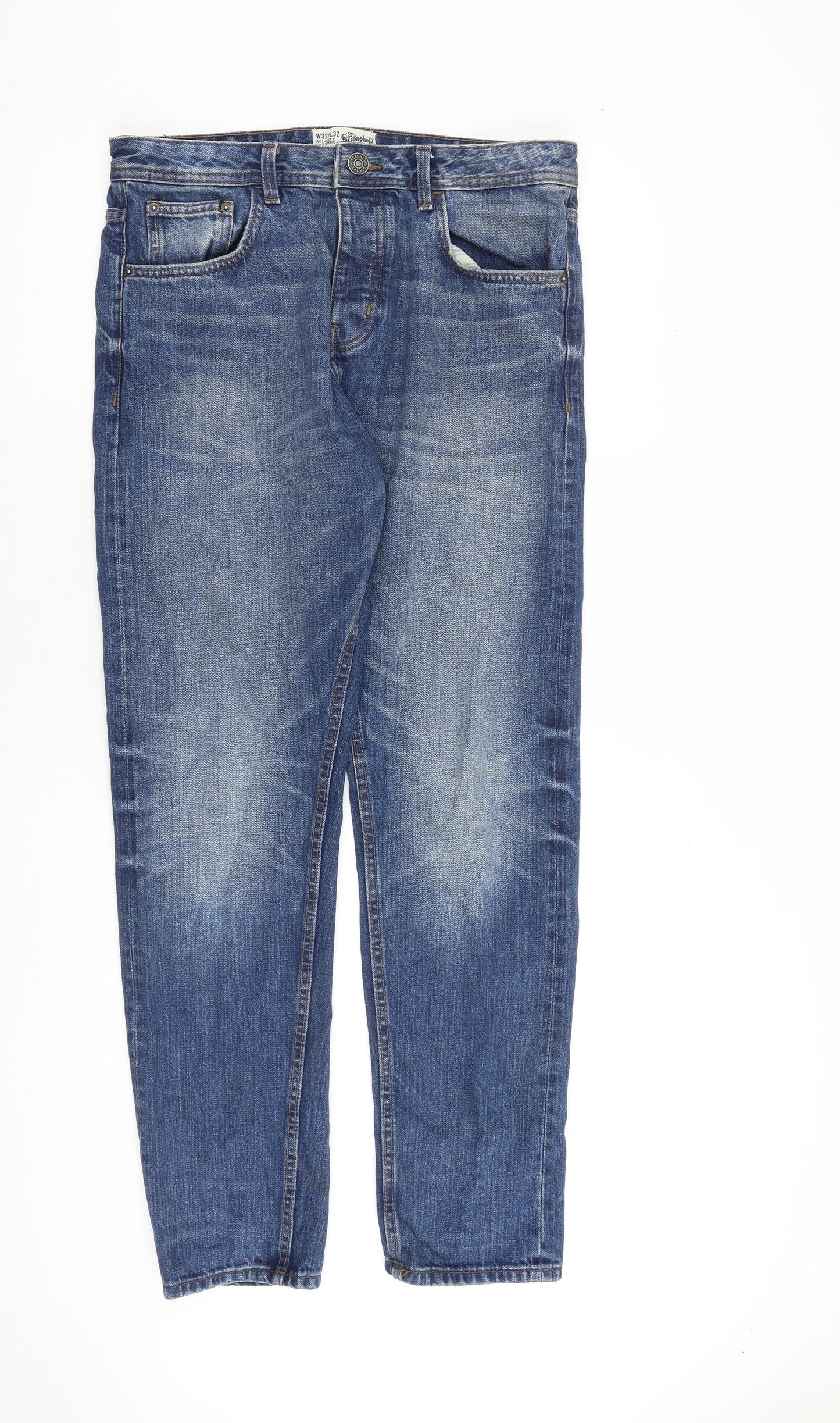 The stronghold Mens Blue Cotton Straight Jeans Size 32 in L32 in Regular Button