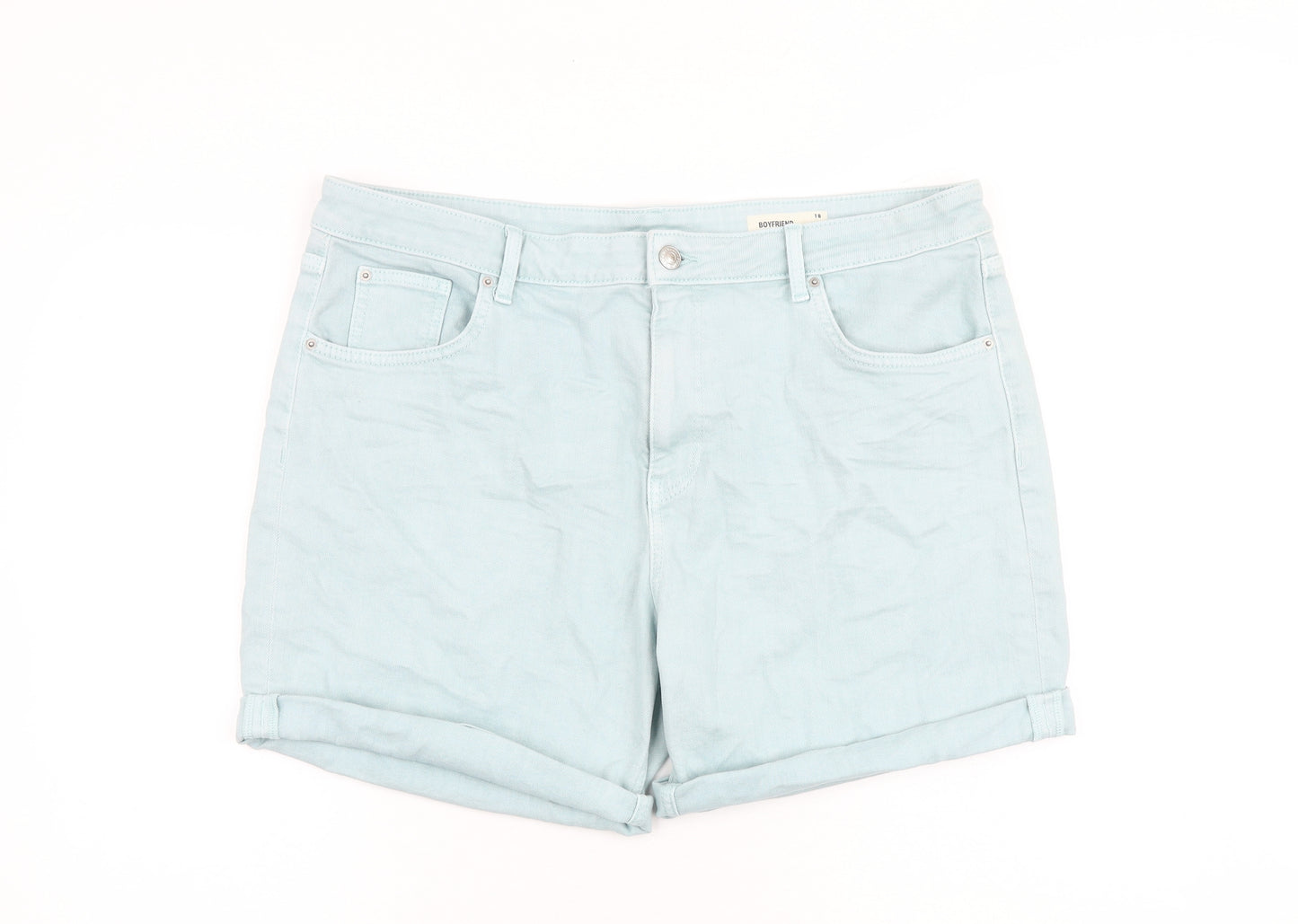 Marks and Spencer Womens Blue Cotton Boyfriend Shorts Size 18 L5 in Regular Zip
