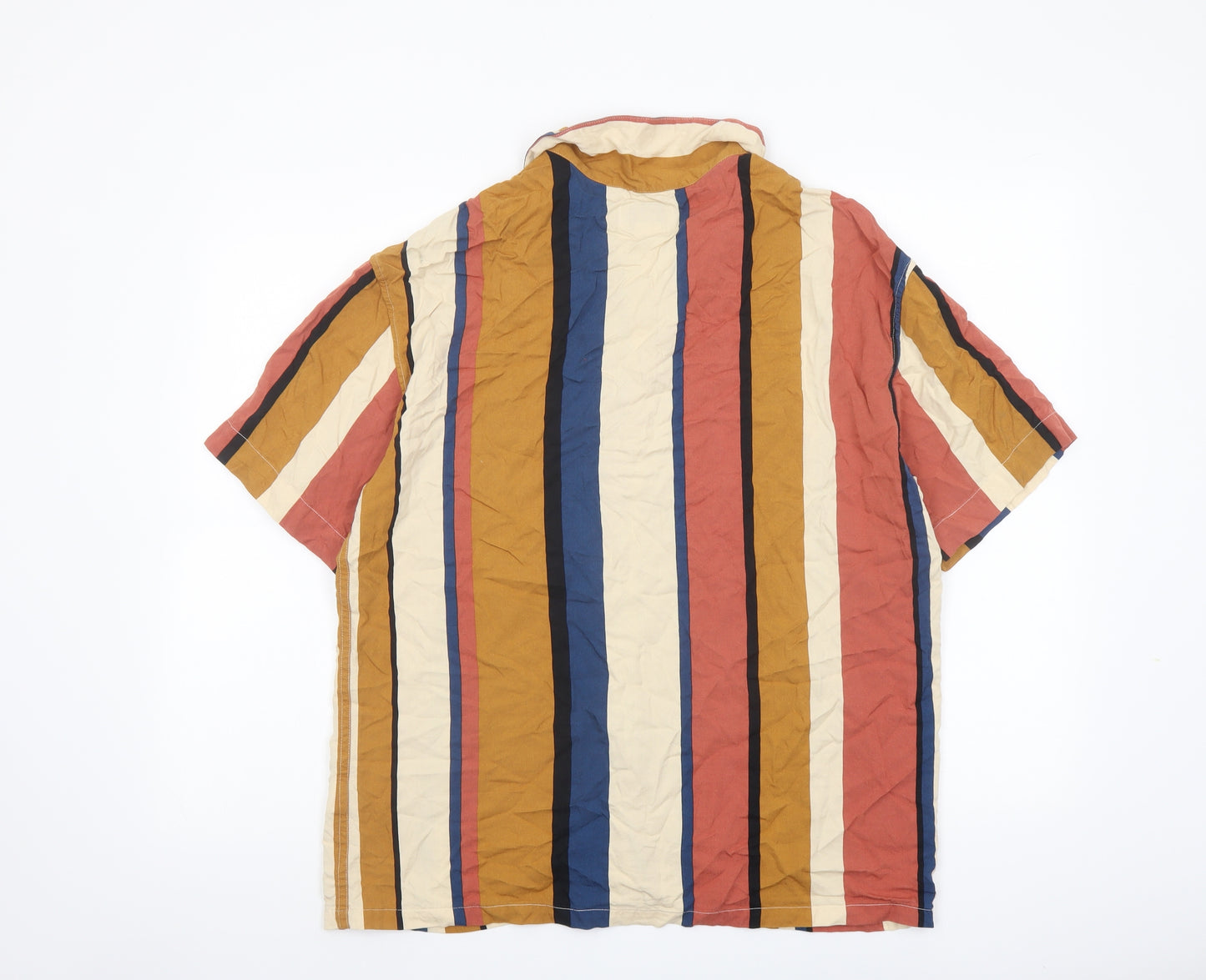Pull&Bear Mens Multicoloured Striped Viscose Button-Up Size M Collared Button