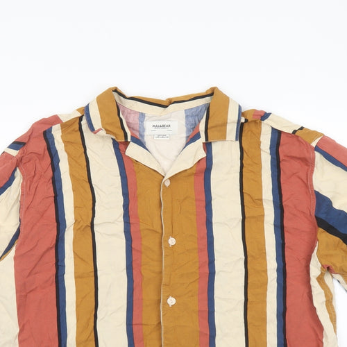 Pull&Bear Mens Multicoloured Striped Viscose Button-Up Size M Collared Button