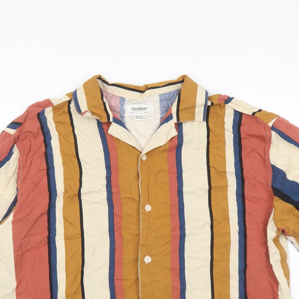Pull&Bear Mens Multicoloured Striped Viscose Button-Up Size M Collared Button