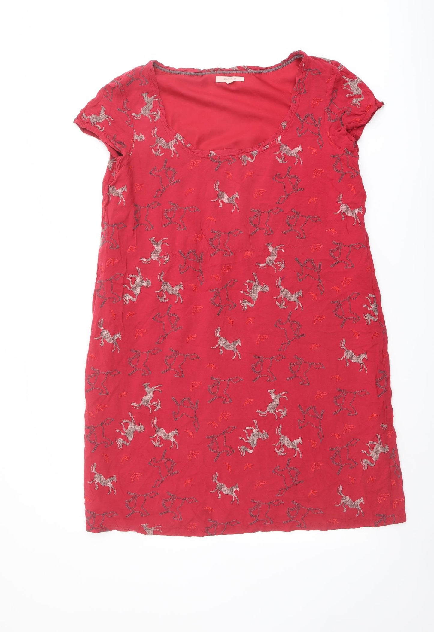 White Stuff Womens Red Geometric Viscose T-Shirt Dress Size 14 Scoop Neck Pullover - Horse pattern
