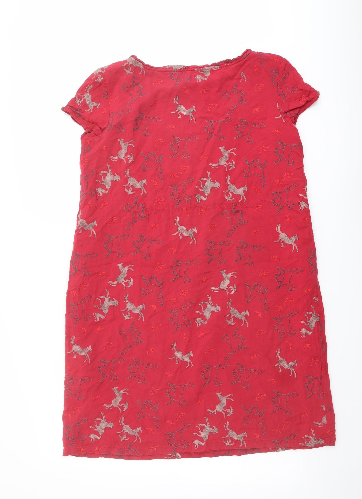 White Stuff Womens Red Geometric Viscose T-Shirt Dress Size 14 Scoop Neck Pullover - Horse pattern